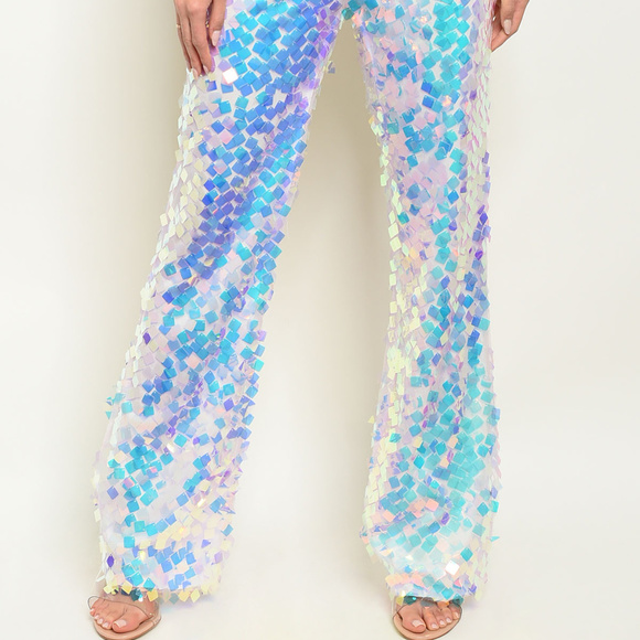 Ladies Blue White Sequin Wide Leg Pants Bottoms - Picture 3 of 4
